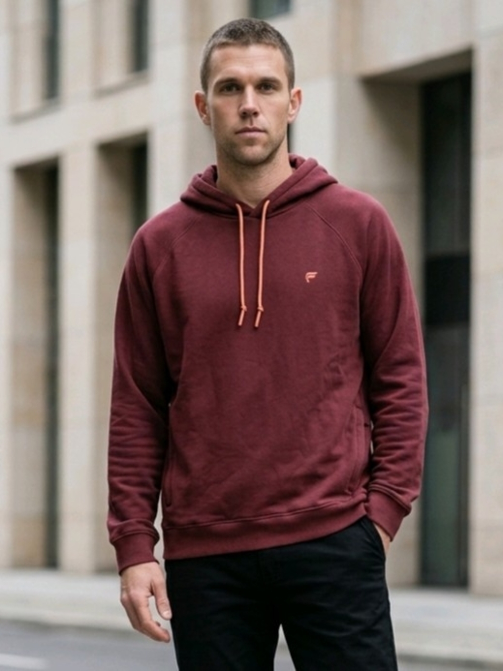 Fabletics Burgundy "The Go To" Pullover Hoodie w/Chest Logo, 2 Zip Pockets L